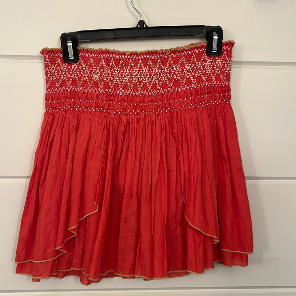 Free People Red Smocked Waist Tiered Mini Skirt